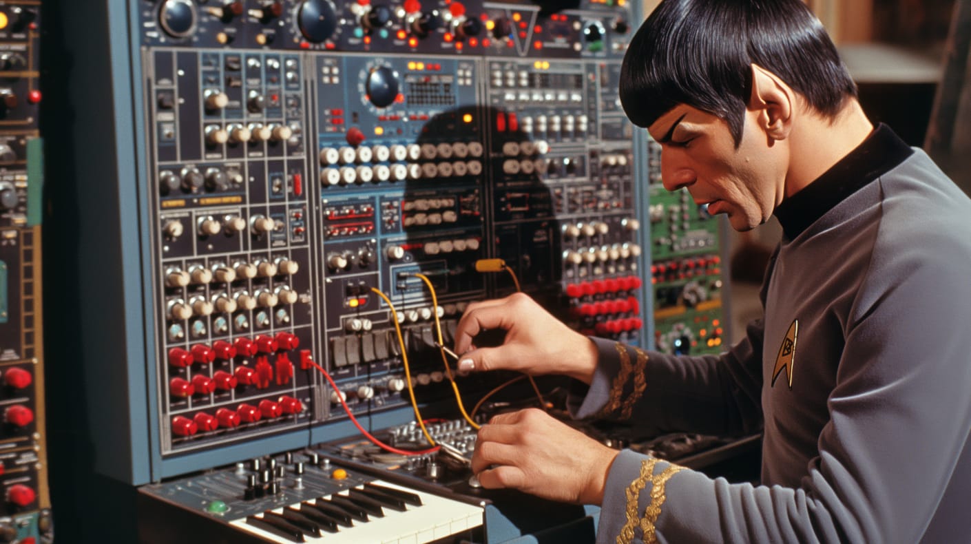 Spock from Star Trek working on an intricate modular synthesizer